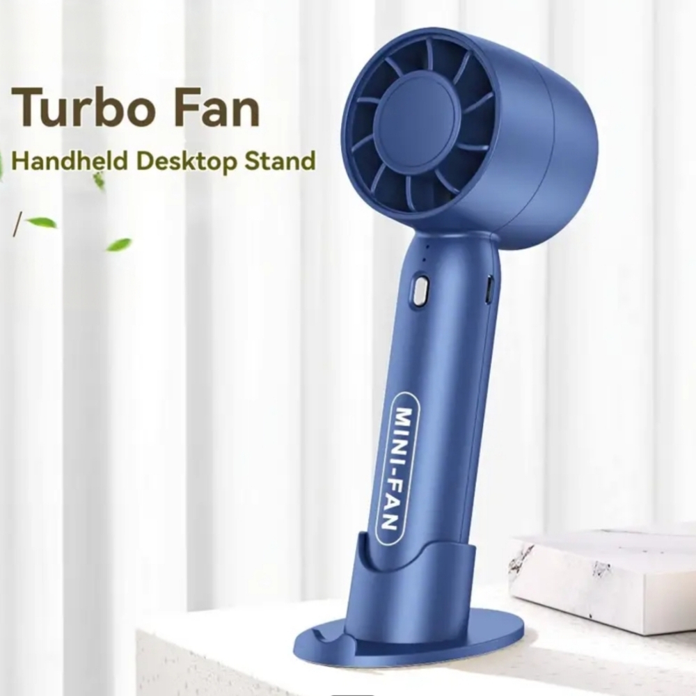Handheld rechargeable turbo fan with stand, blue